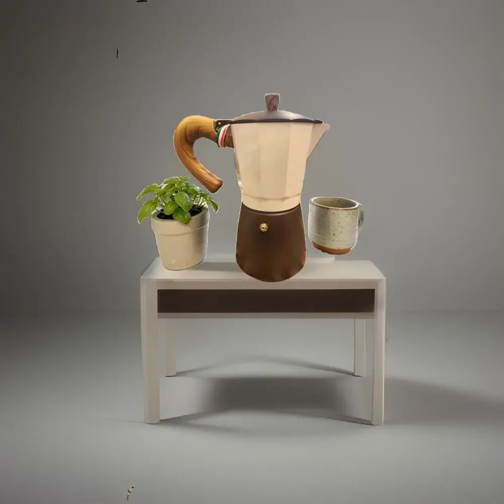 New Gnali & Zan Beige/Brown Italian Aluminum 9-Cup Espresso Coffee Moka Pot NWT